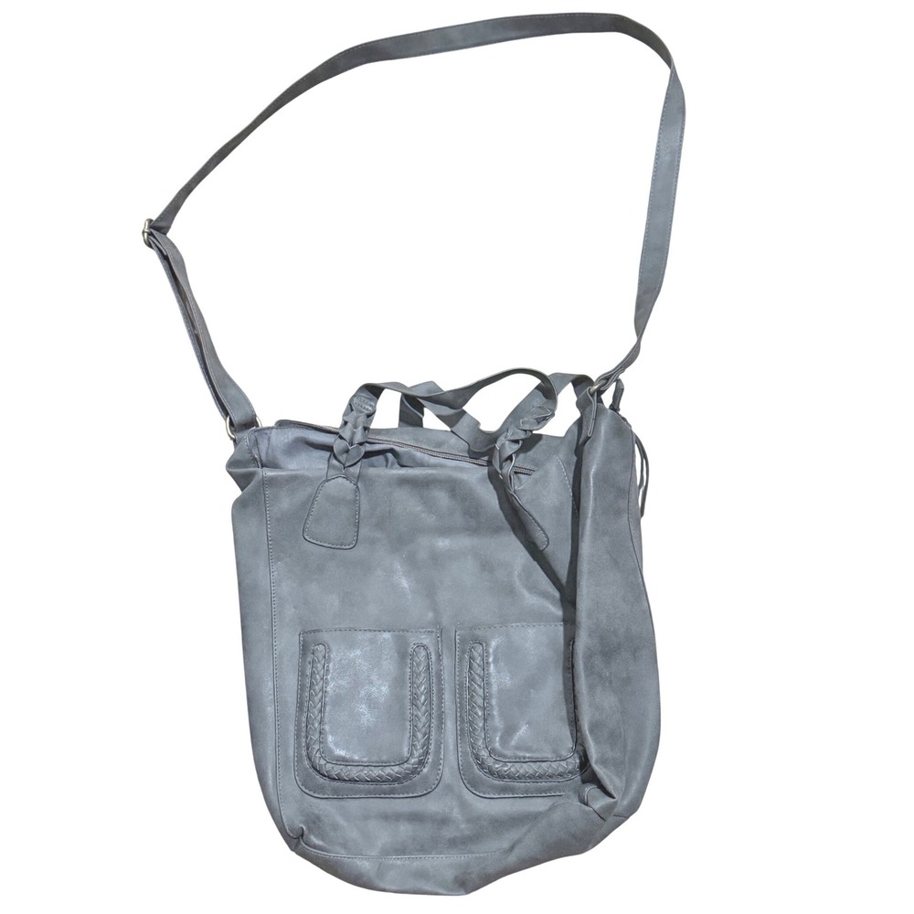 T Shirt & Jeans Gray Faux Leather Braided Pocket Tote Bag Shoulder Purse Satchel
